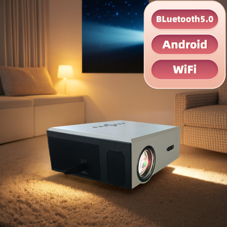 1080P HD projector, 4k support, Bluetooth 5.0, Wi-Fi, Android 9.0, Google Play Store support, YouTub